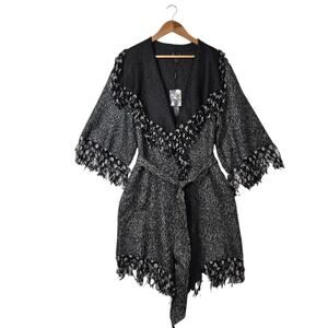 Jerry T Belted Cardigan Jacket sz M Black Gray w/Polka Dot Fringe Boho Stretch